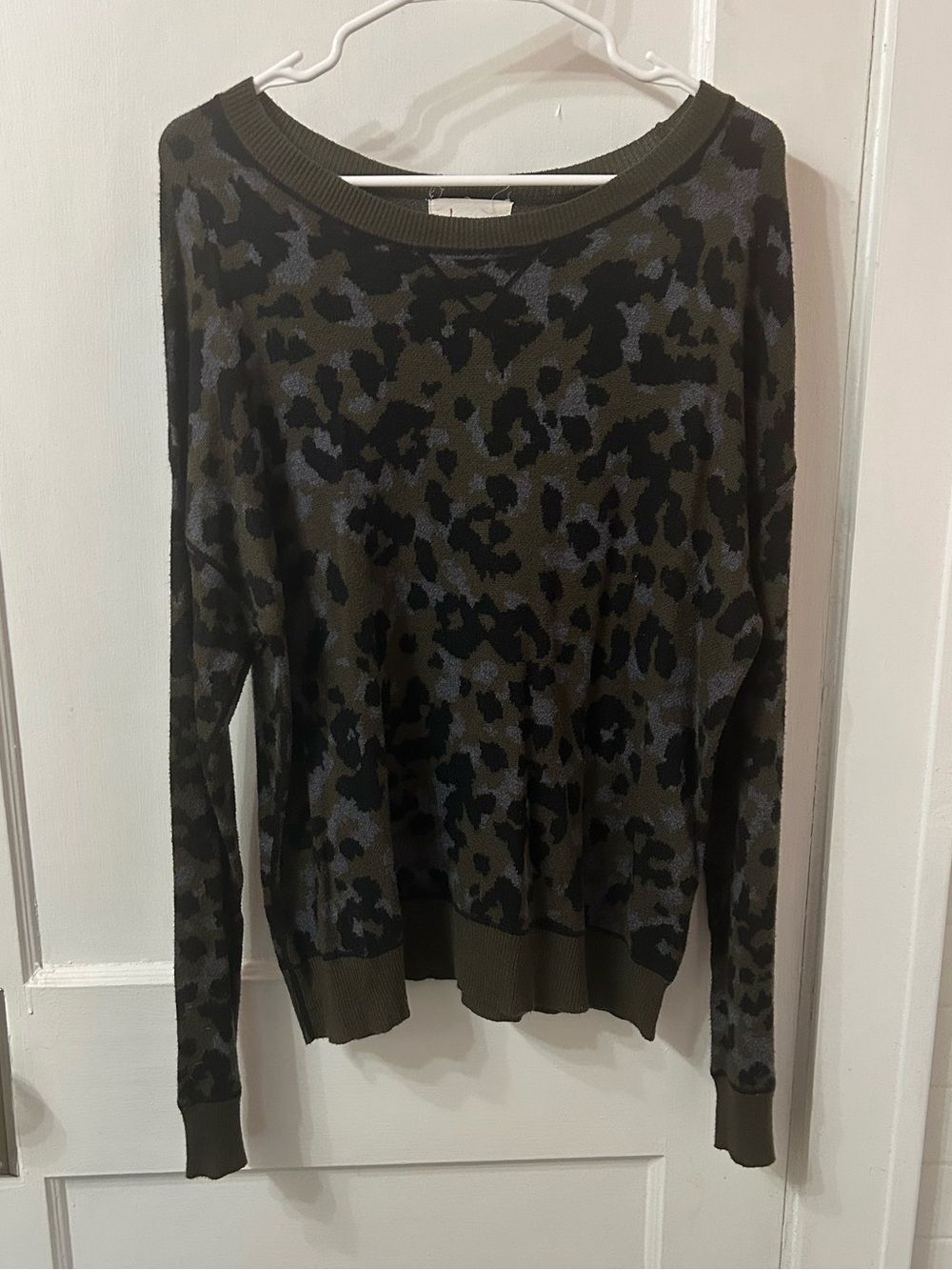 Anthropologie Olive Green and Charcoal Animal-Print Knit Sweater